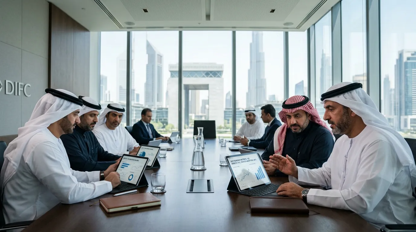 Emirati and Saudi banking leadership in DIFC Dubai boardroom discussing fintech transformation