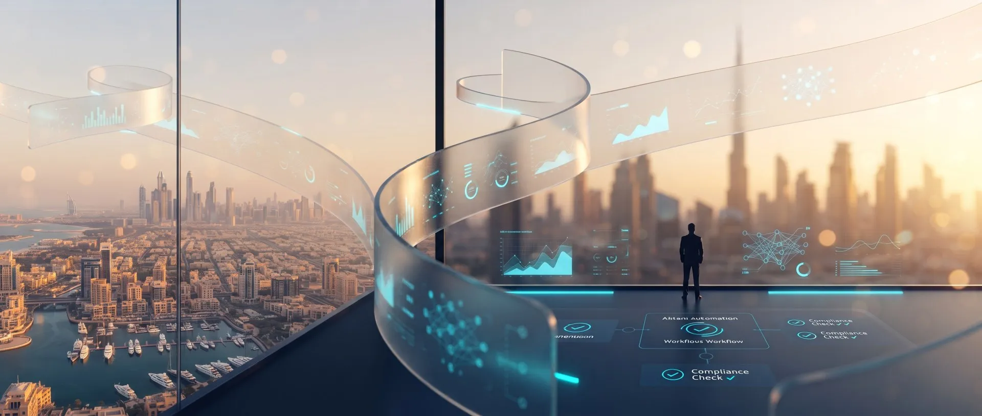 Financial intelligence command center overlooking Dubai skyline